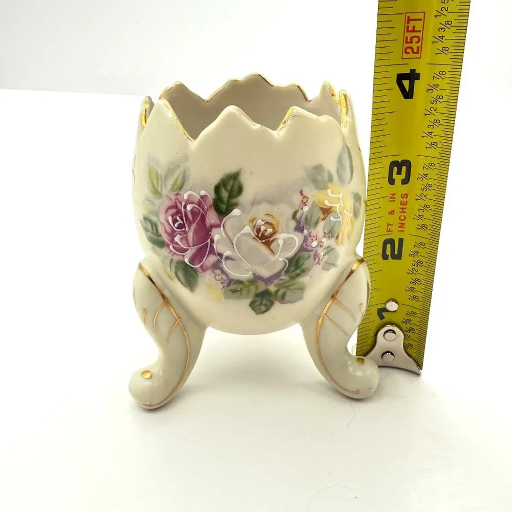 INARCO Broken Egg Planter Footed Vase Vtg 60s Hand Painted Roses Easter Spring